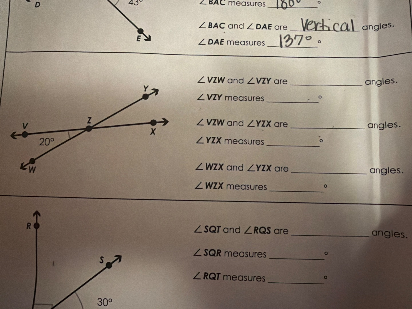 ∠bac measures ____ ° ∠bac and ∠dae are ____ angles. ∠dae measures ____ …