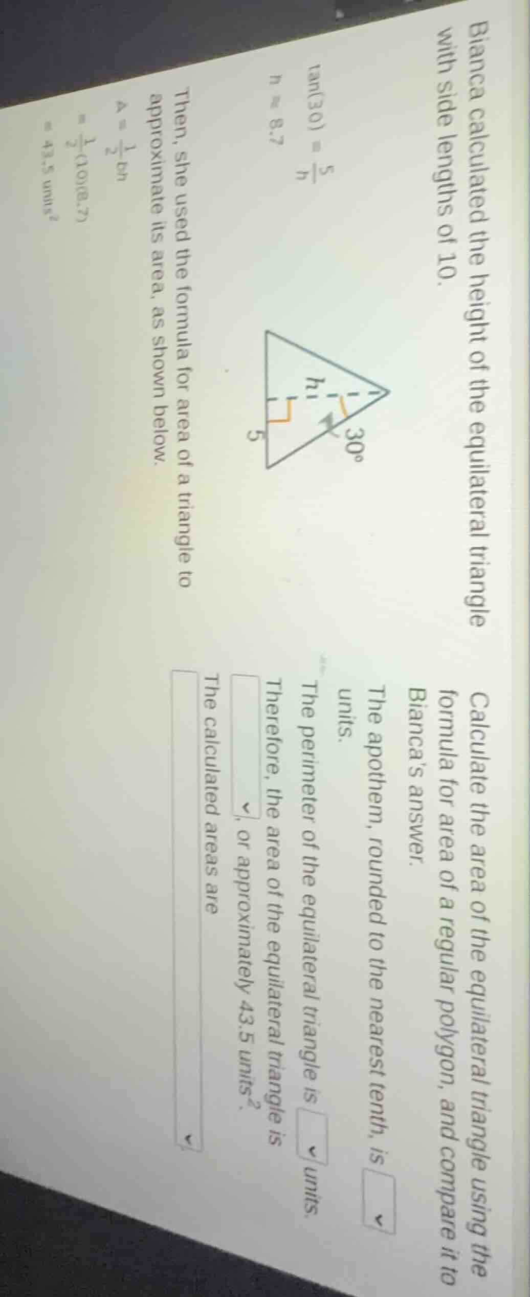 bianca calculated the height of the equilateral triangle with side leng…