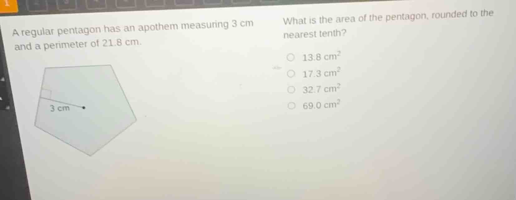 a regular pentagon has an apothem measuring 3 cm and a perimeter of 21.…