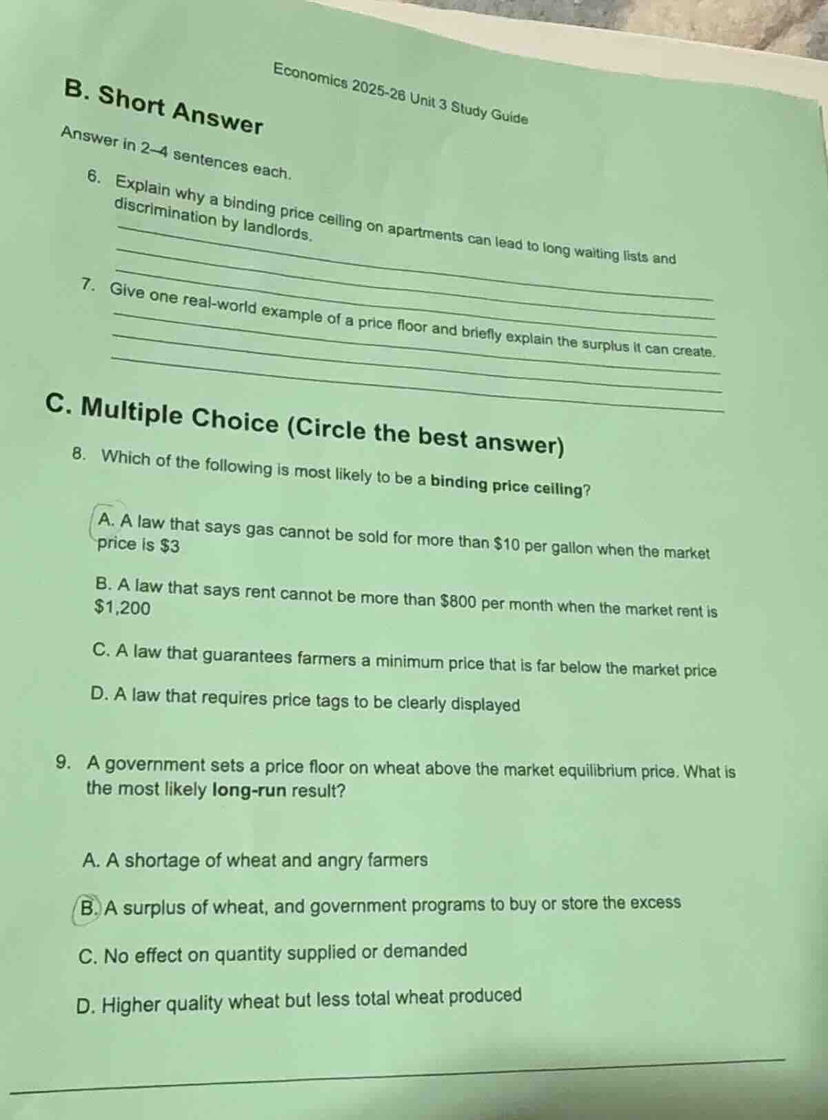 economics 2025-26 unit 3 study guide b. short answer answer in 2-4 sent…