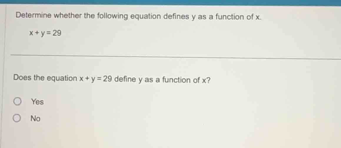 determine whether the following equation defines y as a function of x. …