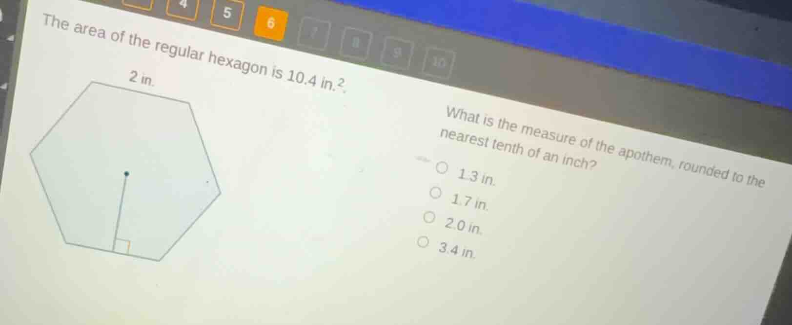 the area of the regular hexagon is $10.4\\ \\text{in.}^2$. what is the …