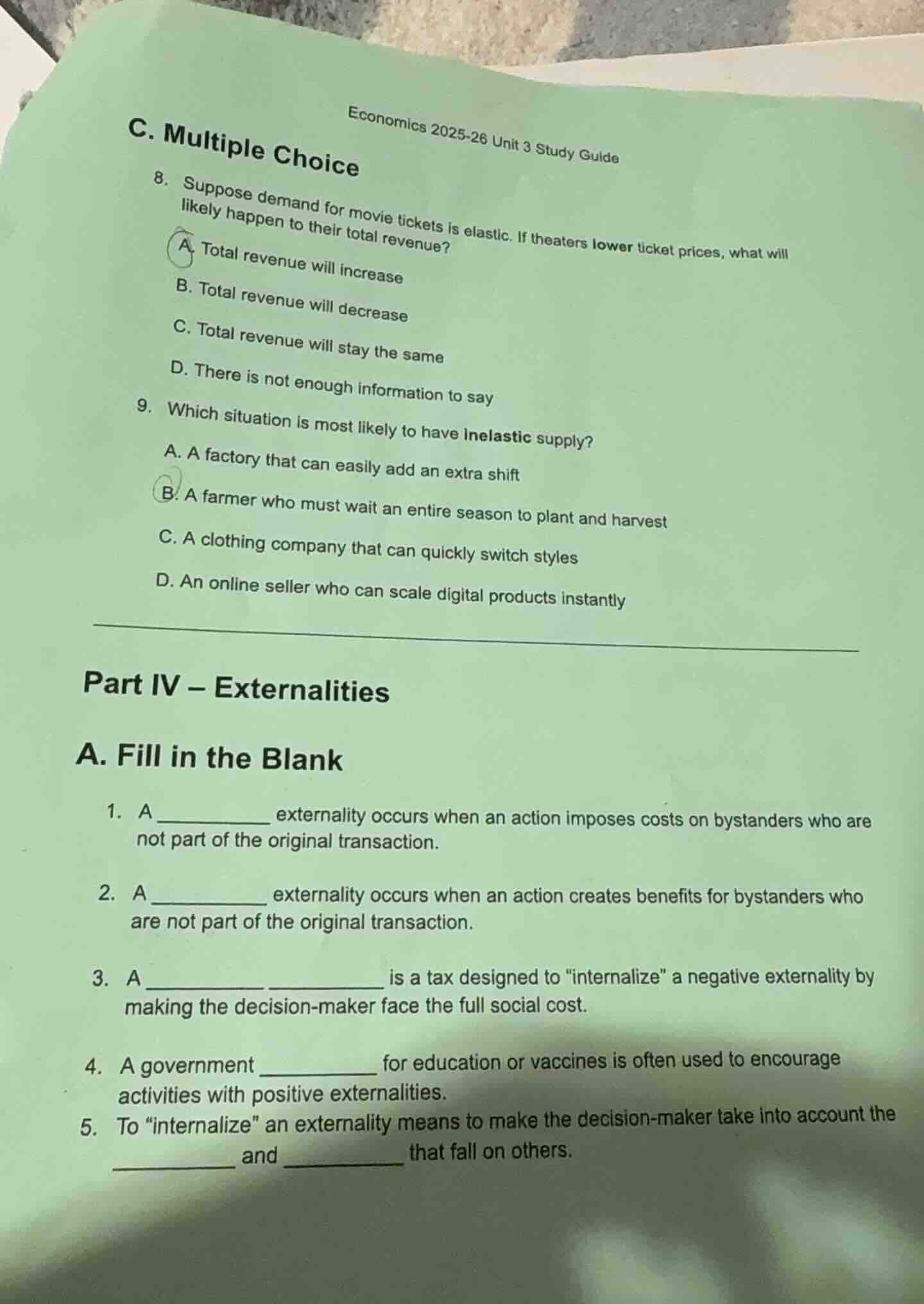 economics 2025-26 unit 3 study guide c. multiple choice 8. suppose dema…