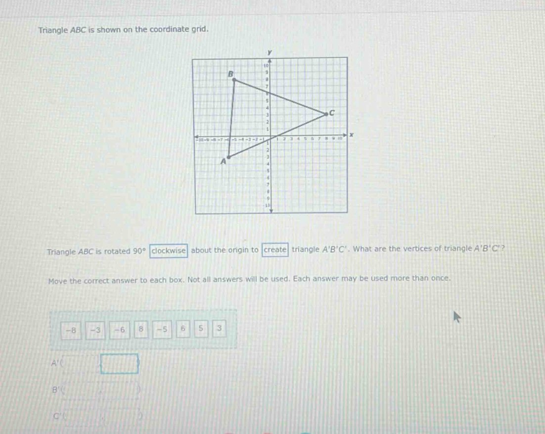 triangle abc is shown on the coordinate grid. triangle abc is rotated $…