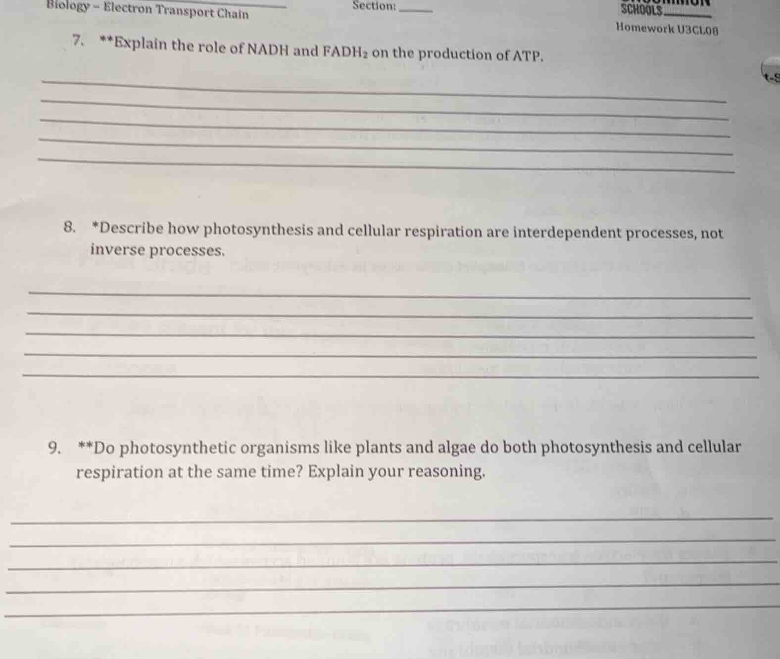 biology - electron transport chain section: schools homework u3cl08 7. …