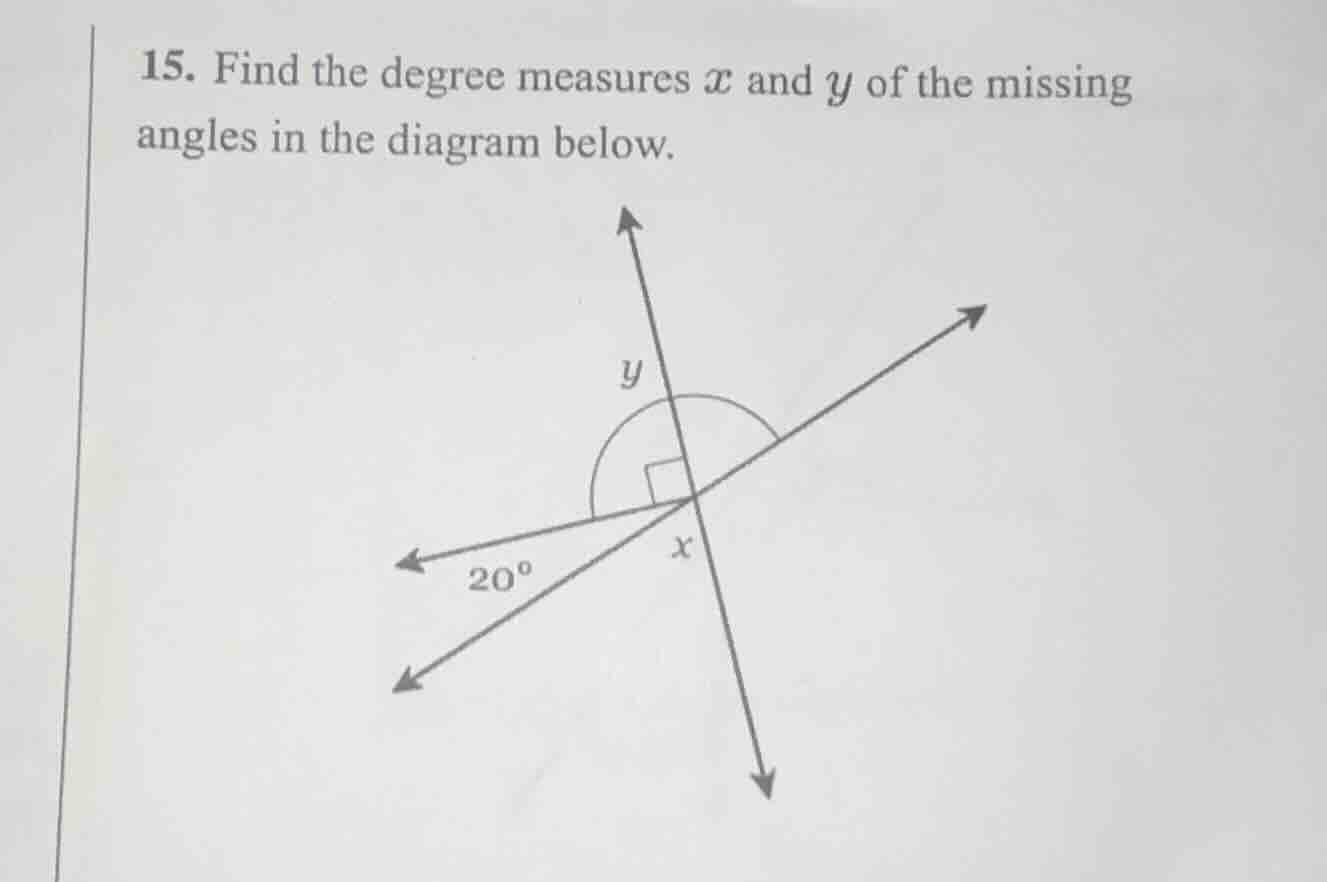 15. find the degree measures $x$ and $y$ of the missing angles in the d…