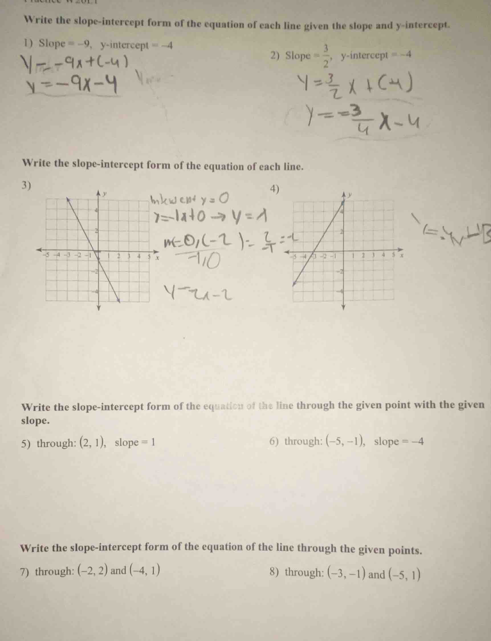 write the slope-intercept form of the equation of each line given the s…