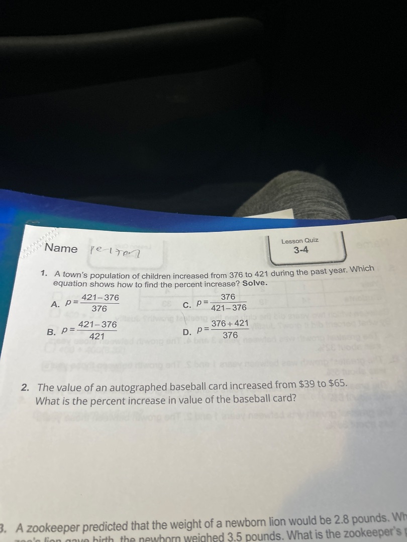 name lesson quiz 3-4 1. a towns population of children increased from 3…