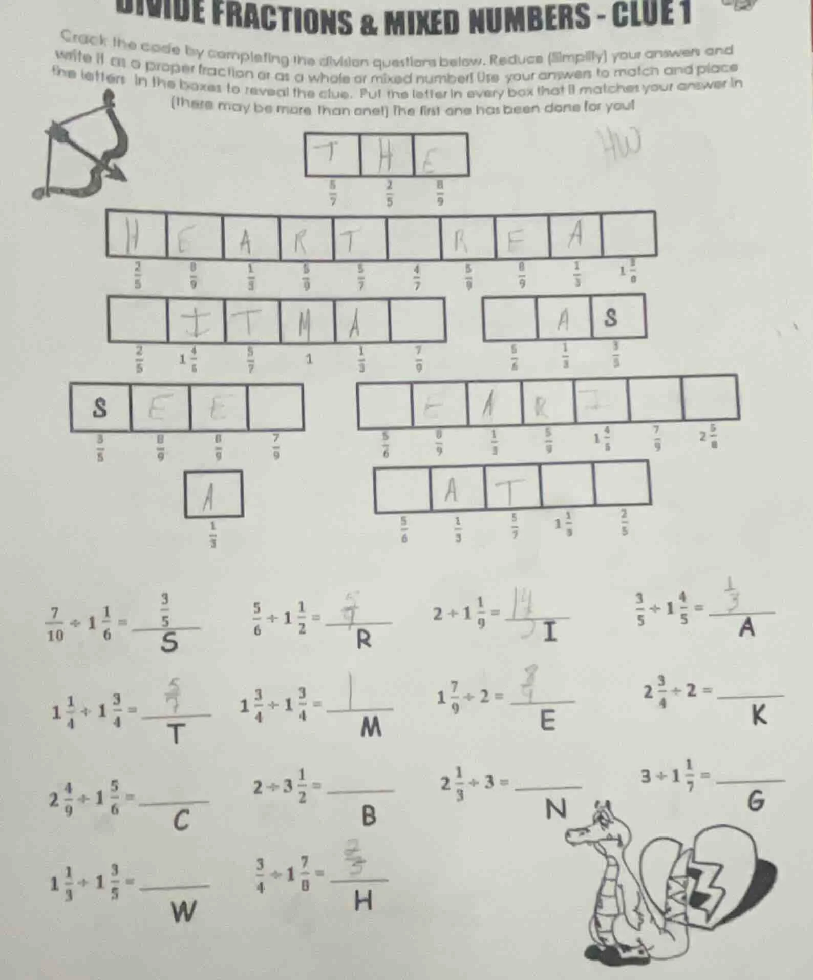 divide fractions & mixed numbers - clue 1 crack the code by completing …