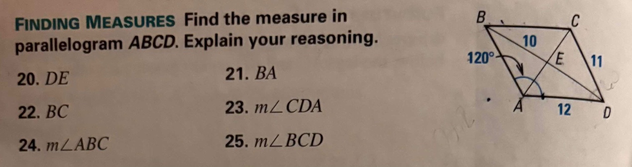 finding measures find the measure in parallelogram abcd. explain your r…