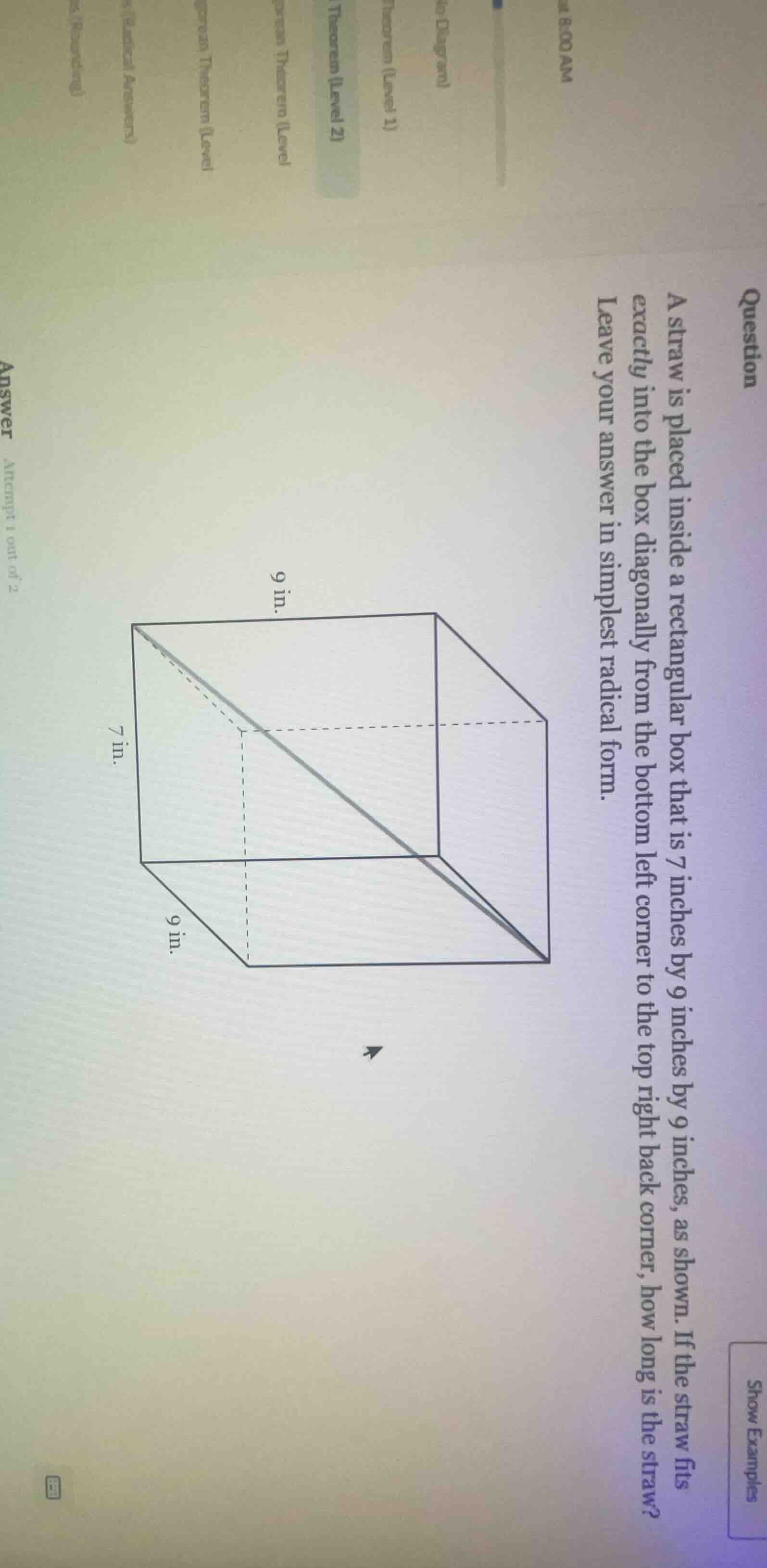 question a straw is placed inside a rectangular box that is 7 inches by…