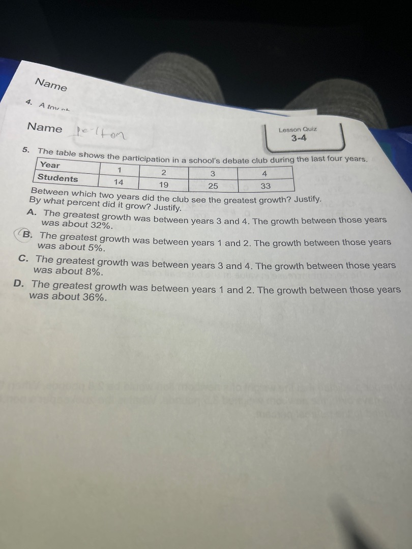 name lesson quiz 3-4 name 5. the table shows the participation in a sch…
