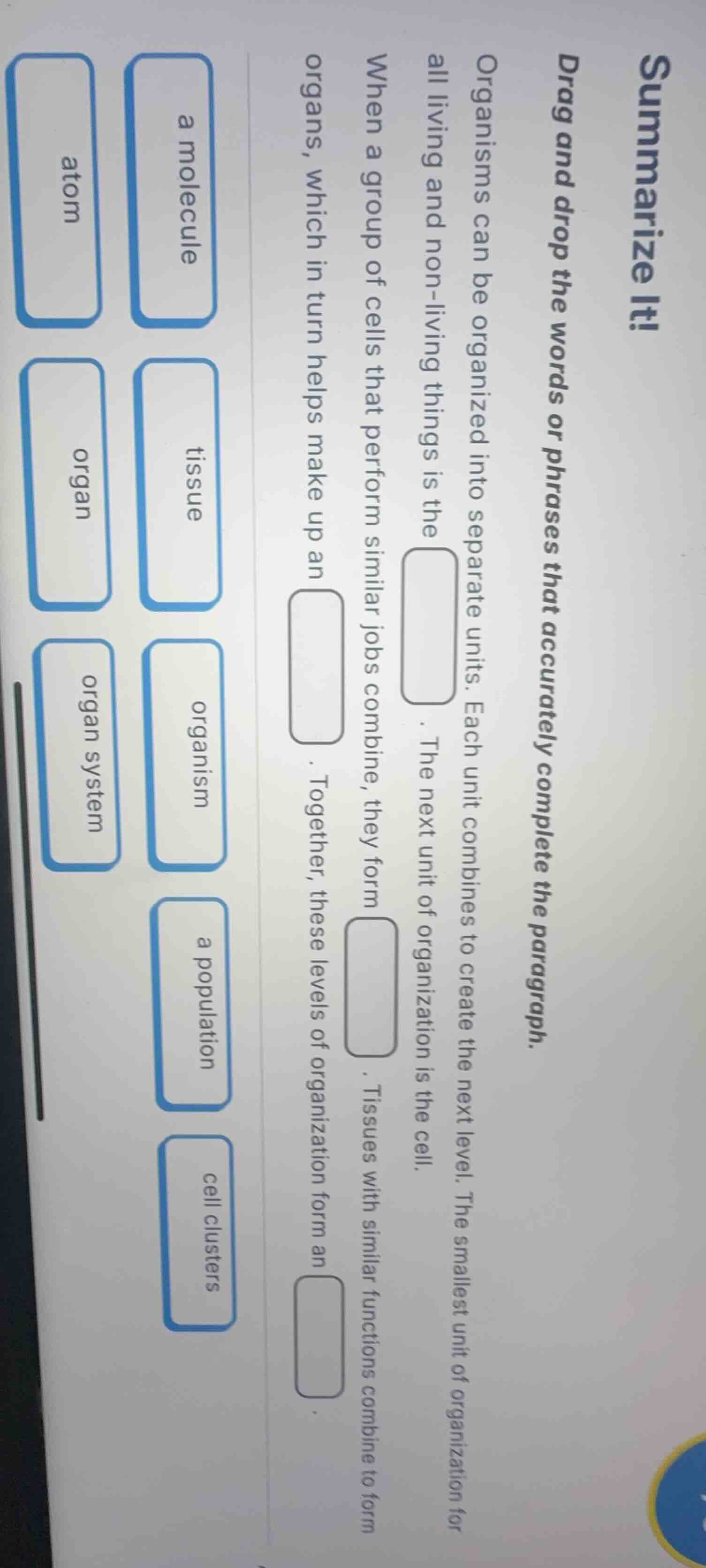 summarize it!drag and drop the words or phrases that accurately complet…