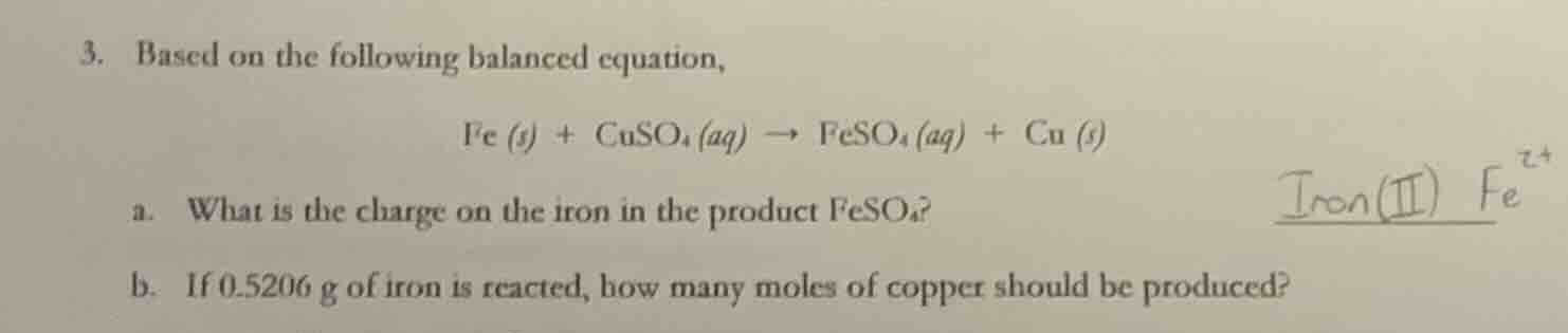 3. based on the following balanced equation, fe (s) + cuso₄(aq) → feso₄…
