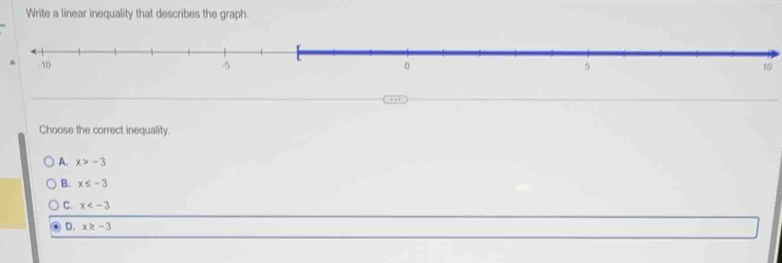 write a linear inequality that describes the graph. choose the correct …