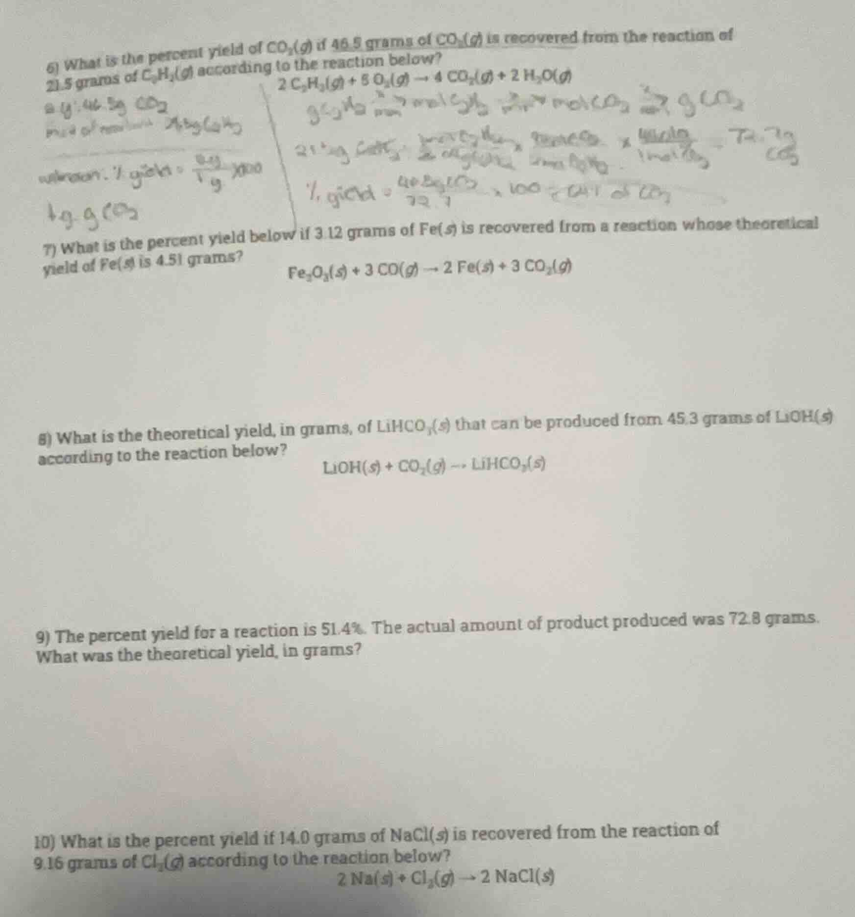 6) what is the percent yield of $\text{co}_2(g)$ if 46.5 grams of $\tex…