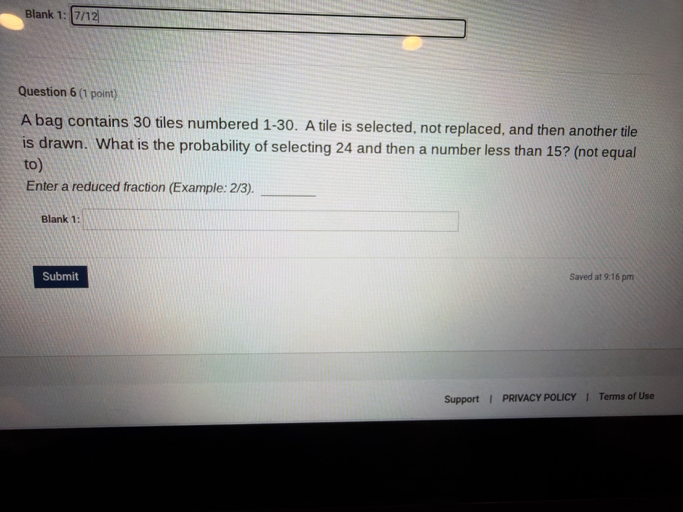 blank 1: 7/12 question 6 (1 point) a bag contains 30 tiles numbered 1-3…