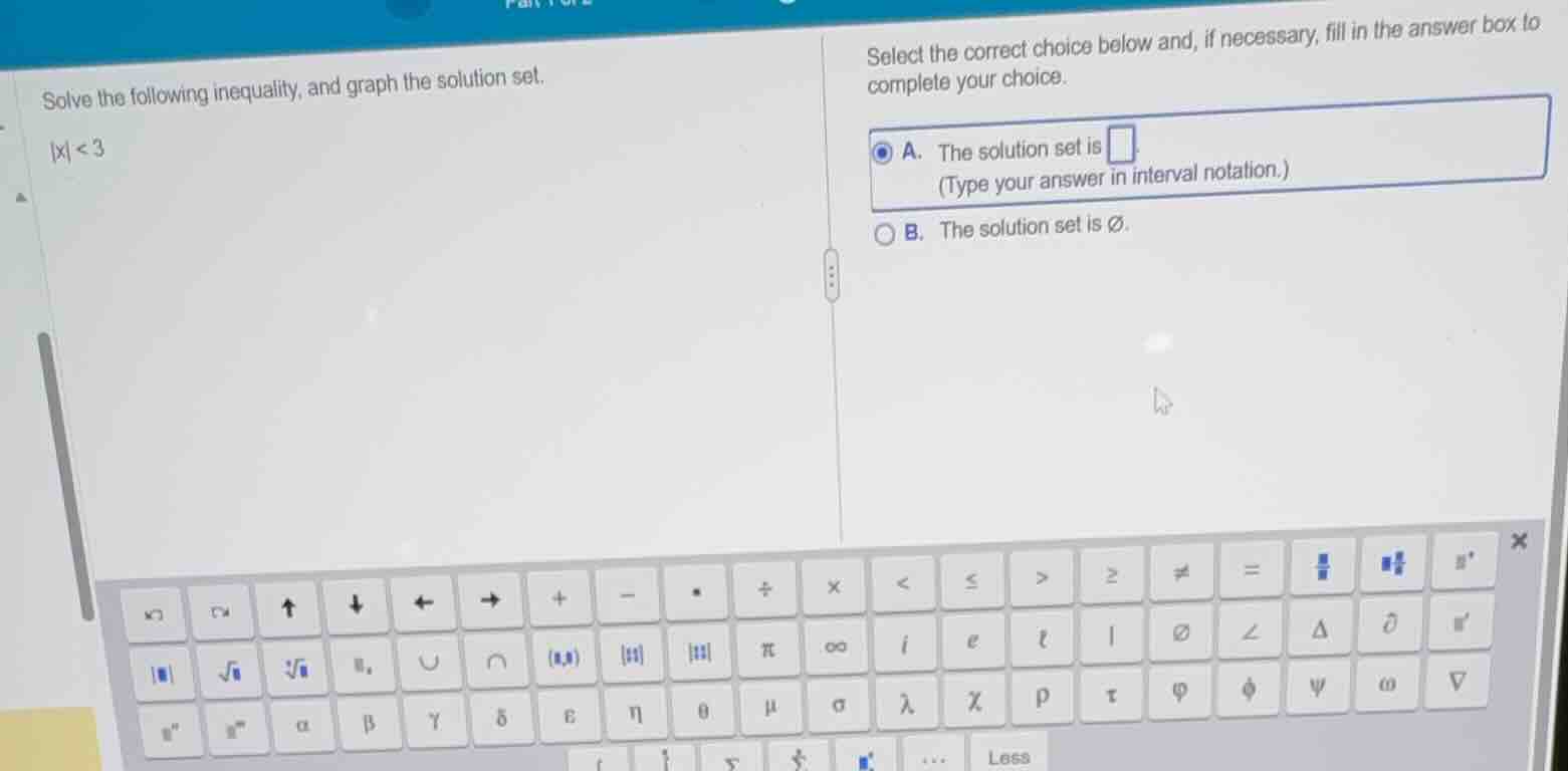 solve the following inequality, and graph the solution set. $|x| < 3$ s…