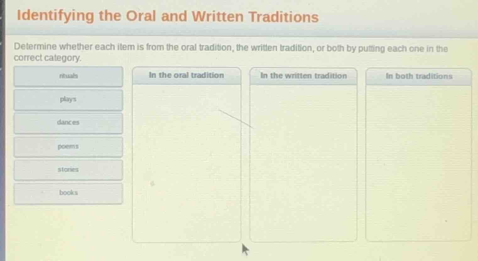 identifying the oral and written traditions determine whether each item…