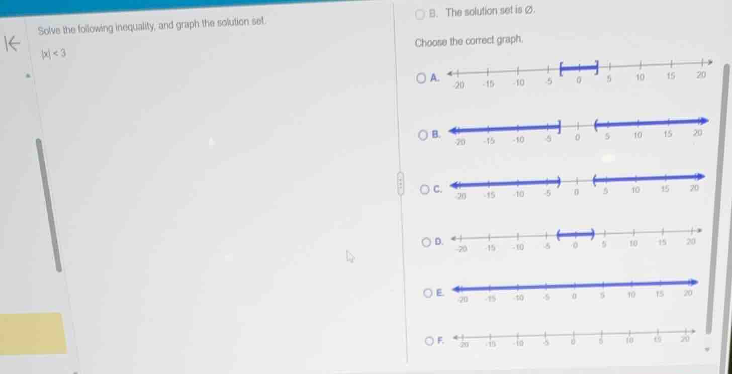 solve the following inequality, and graph the solution set.$|x| < 3$$\b…