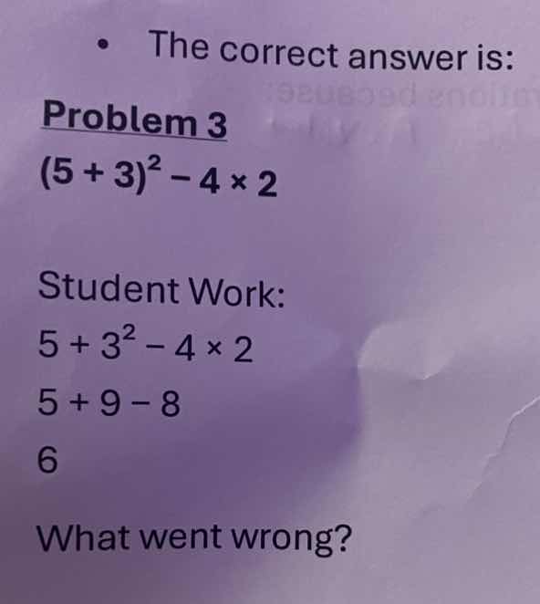• the correct answer is: problem 3 $(5 + 3)^2 - 4 \\times 2$ student wo…