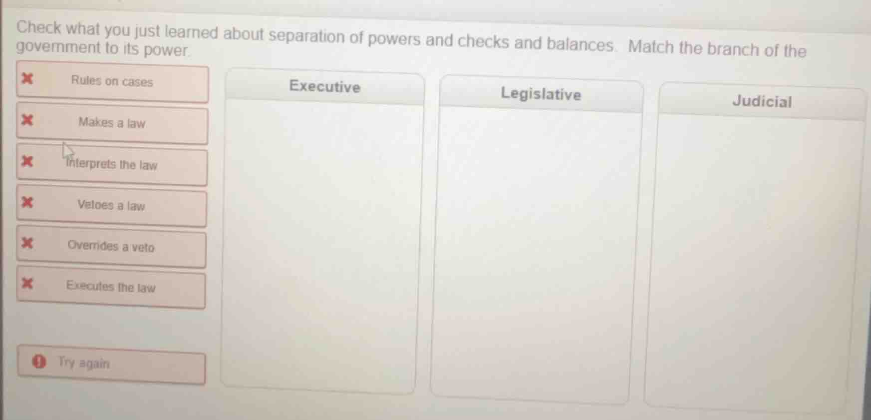 check what you just learned about separation of powers and checks and b…