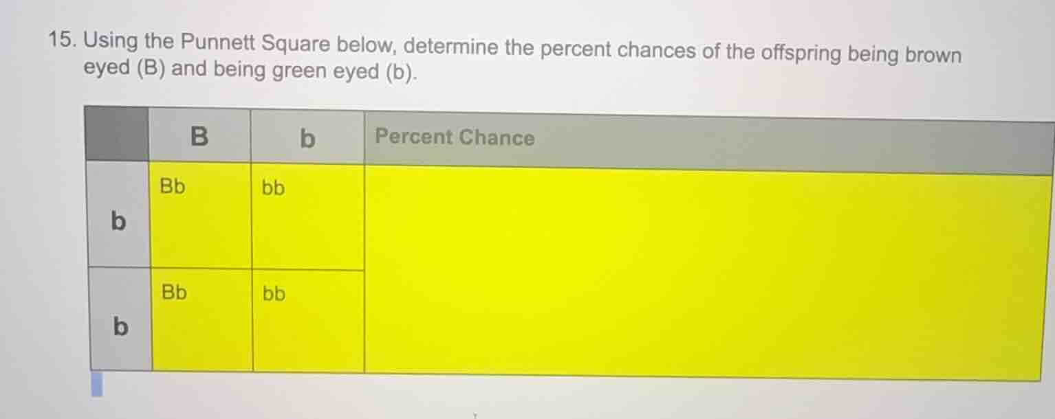 15. using the punnett square below, determine the percent chances of th…