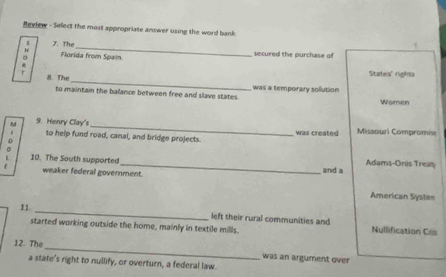 review - select the most appropriate answer using the word bank. short …