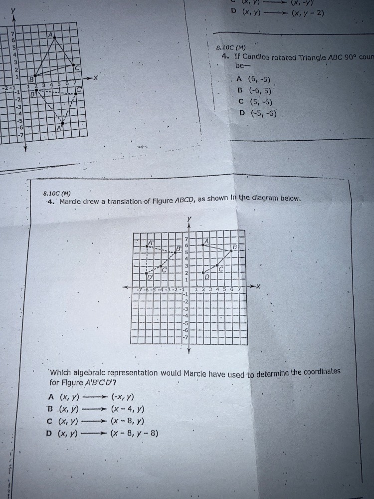 (x, y) → (x, -y) d (x, y) → (x, y - 2) 8.10c (m) 4. if candice rotated …