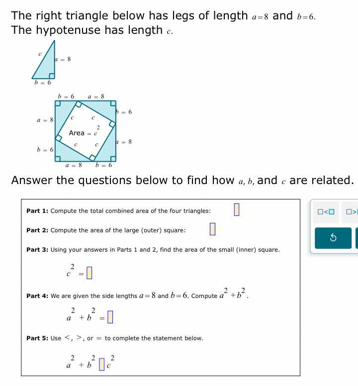 the right triangle below has legs of length $a=8$ and $b=6$. the hypote…