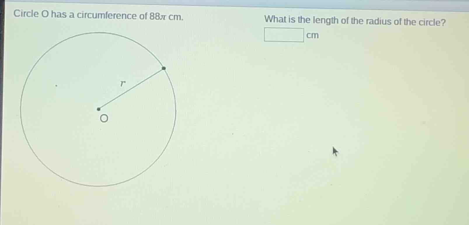 circle o has a circumference of $88\\pi$ cm. what is the length of the …