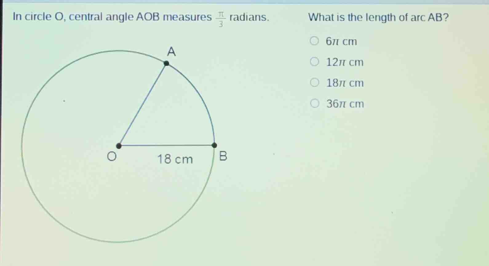 in circle o, central angle aob measures $\frac{pi}{3}$ radians. what is…