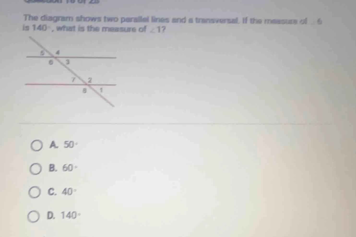 the diagram shows two parallel lines and a transversal. if the measure …