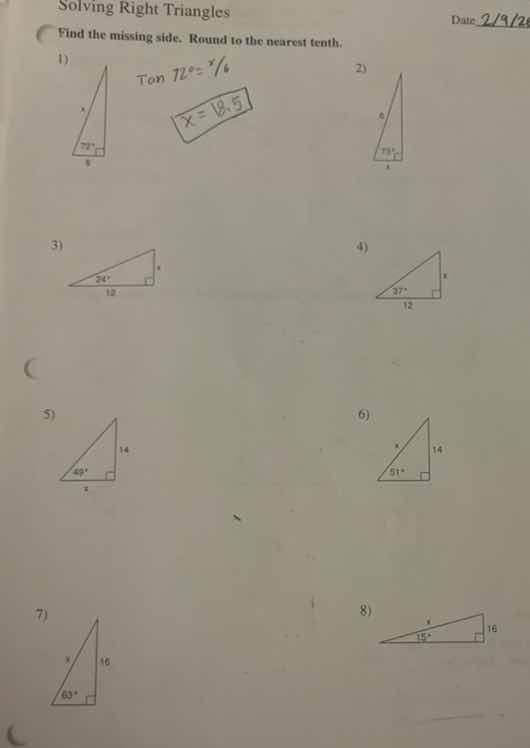 solving right triangles date: 2/9/2 find the missing side. round to the…