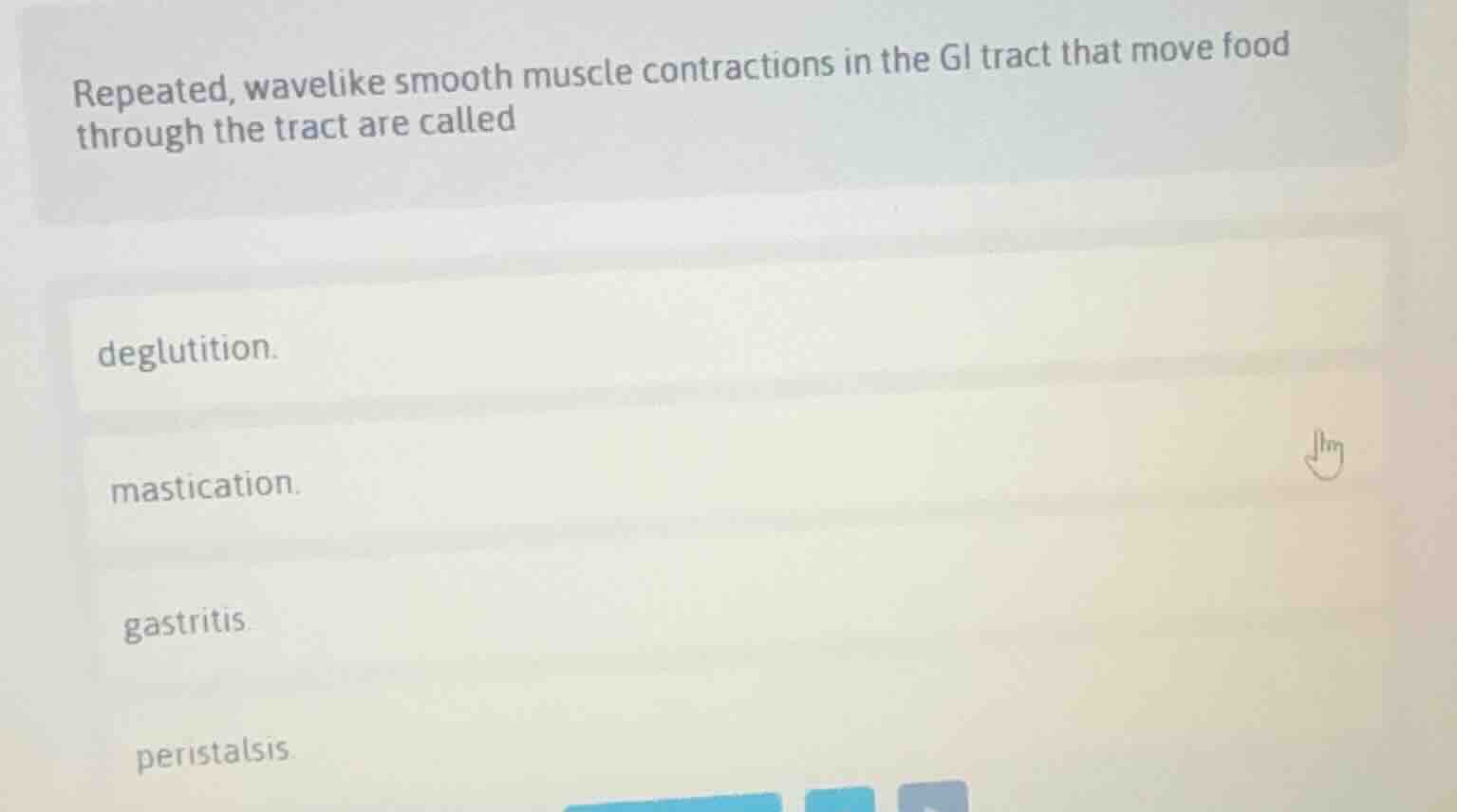 repeated, wavelike smooth muscle contractions in the gi tract that move…