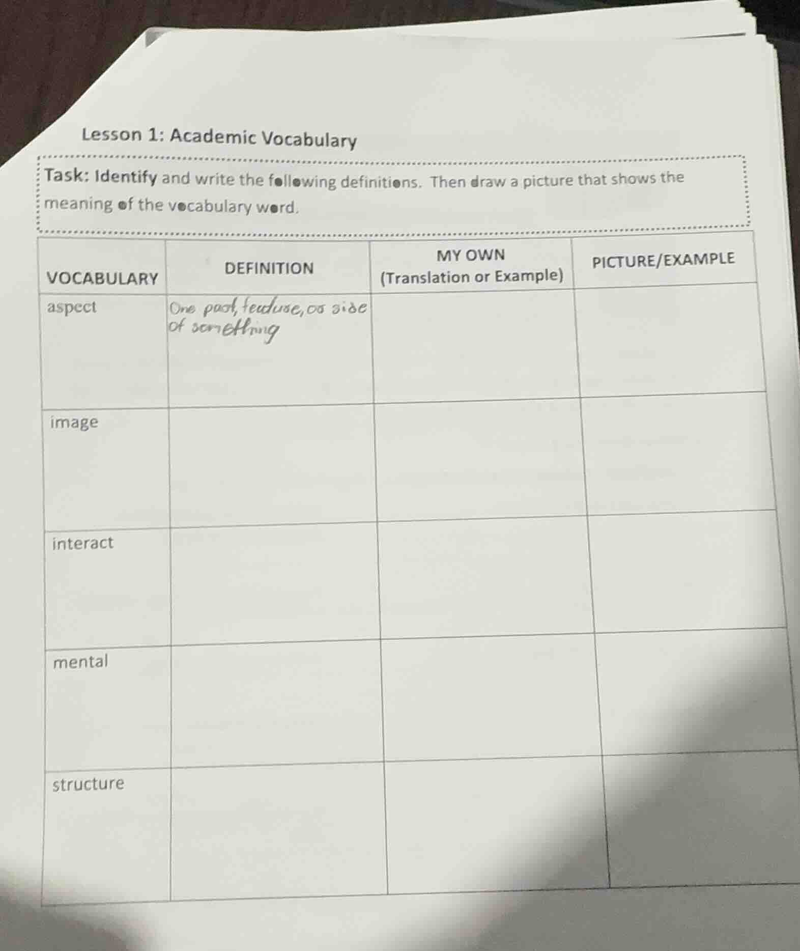 lesson 1: academic vocabulary task: identify and write the following de…