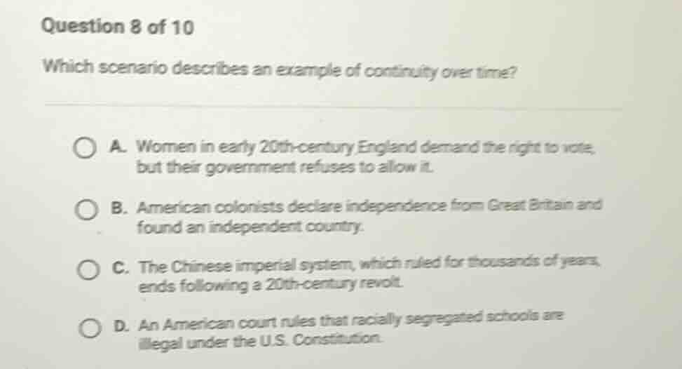 question 8 of 10 which scenario describes an example of continuity over…