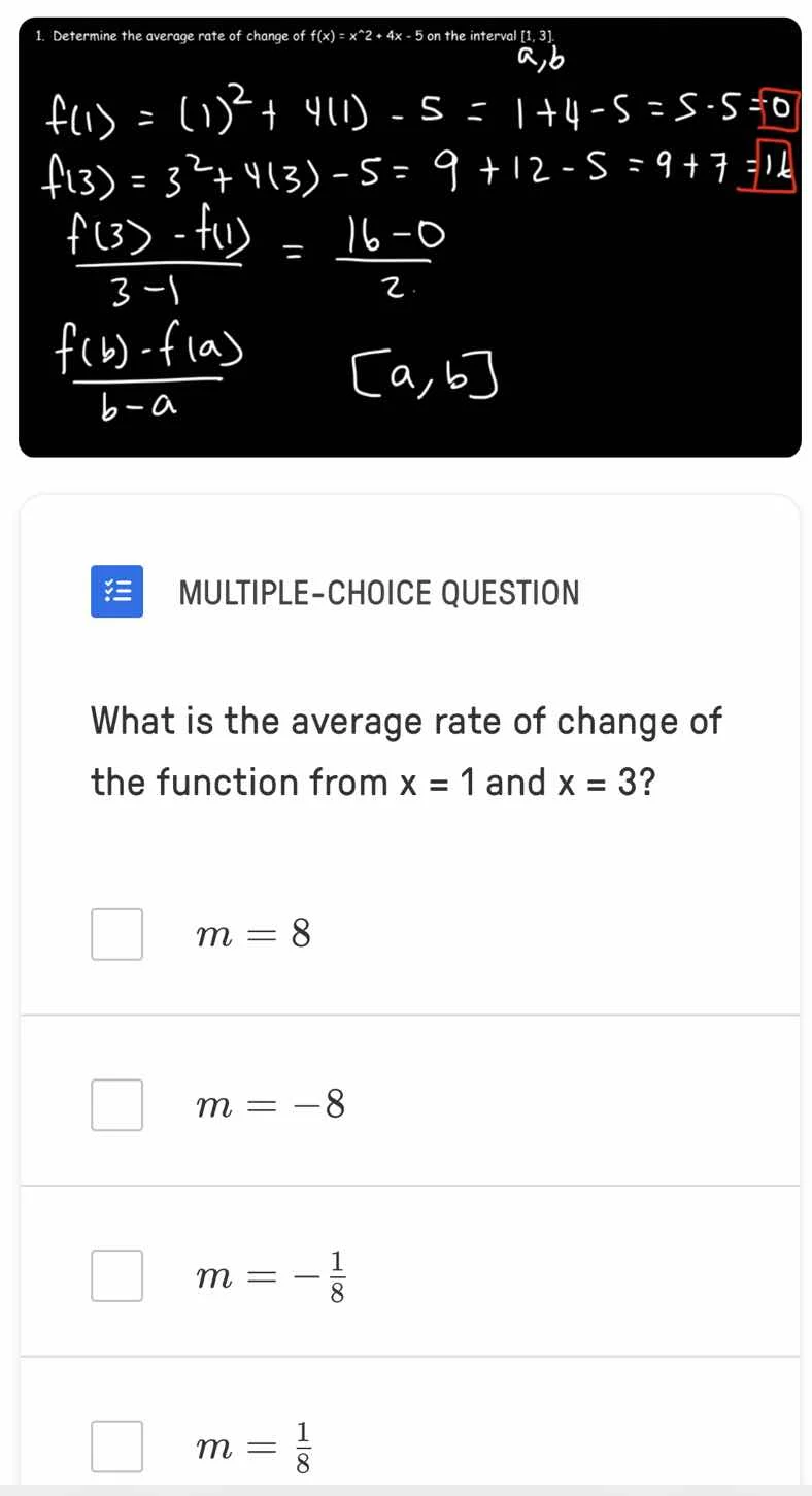 1. determine the average rate of change of $f(x)=x^2 + 4x - 5$ on the i…