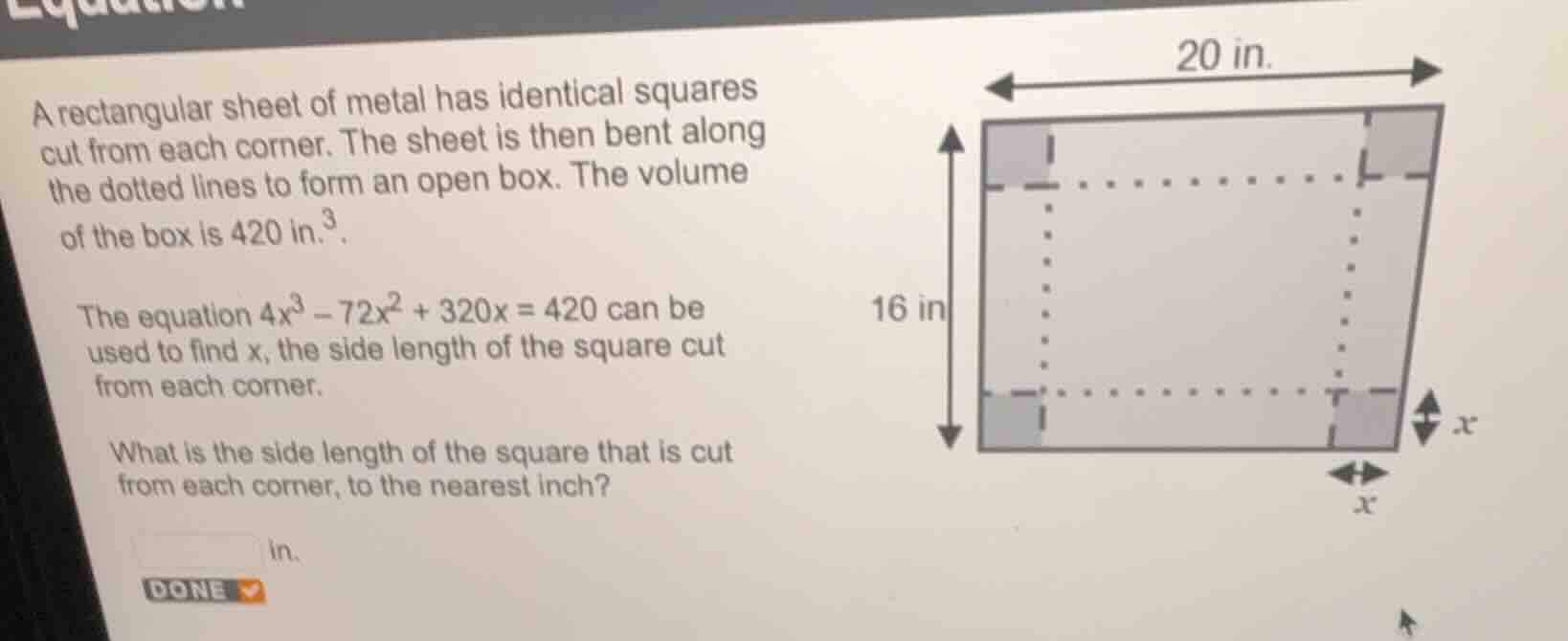 a rectangular sheet of metal has identical squares cut from each corner…