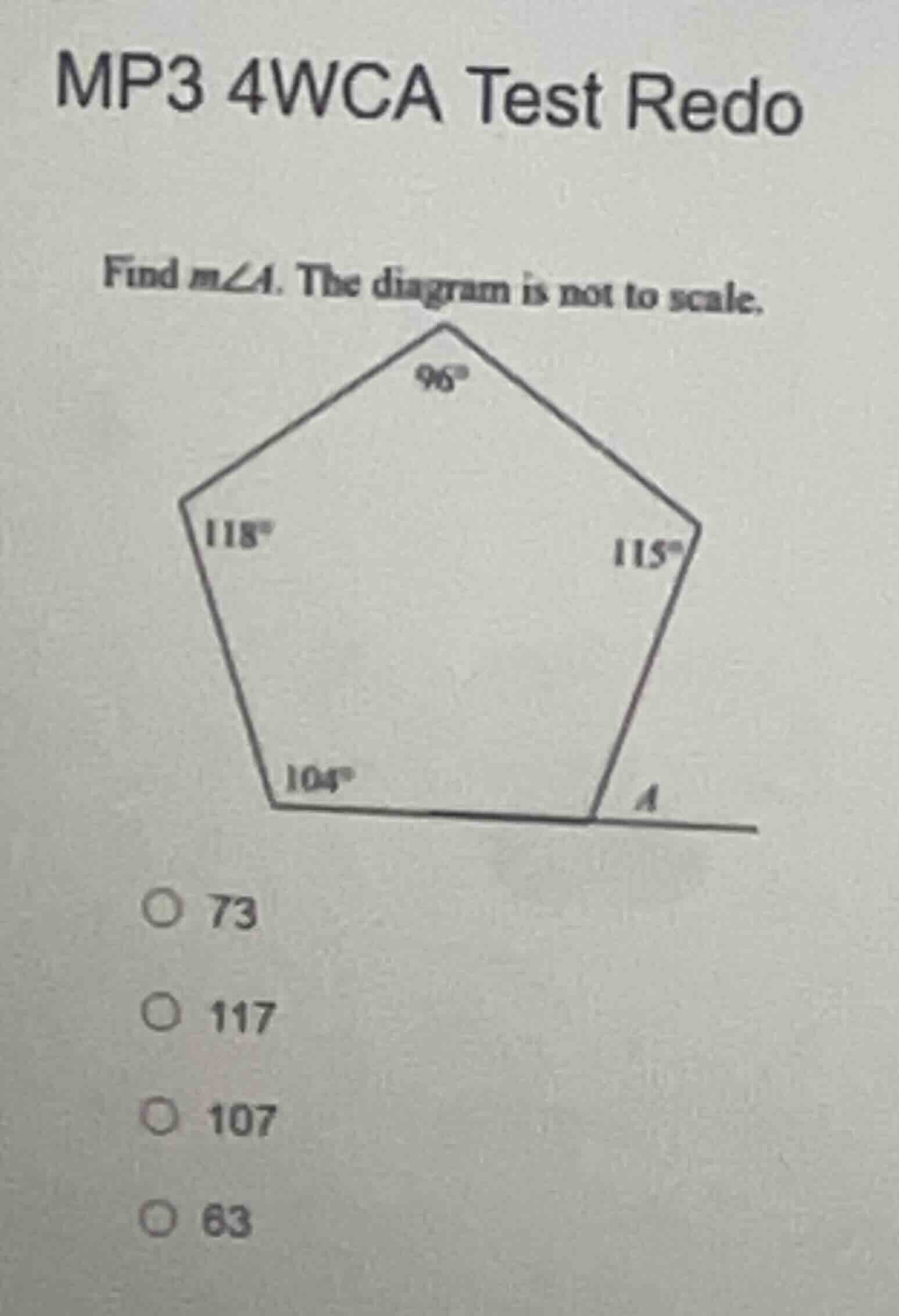 mp3 4wca test redo find $m\\angle a$. the diagram is not to scale. ○ 73…