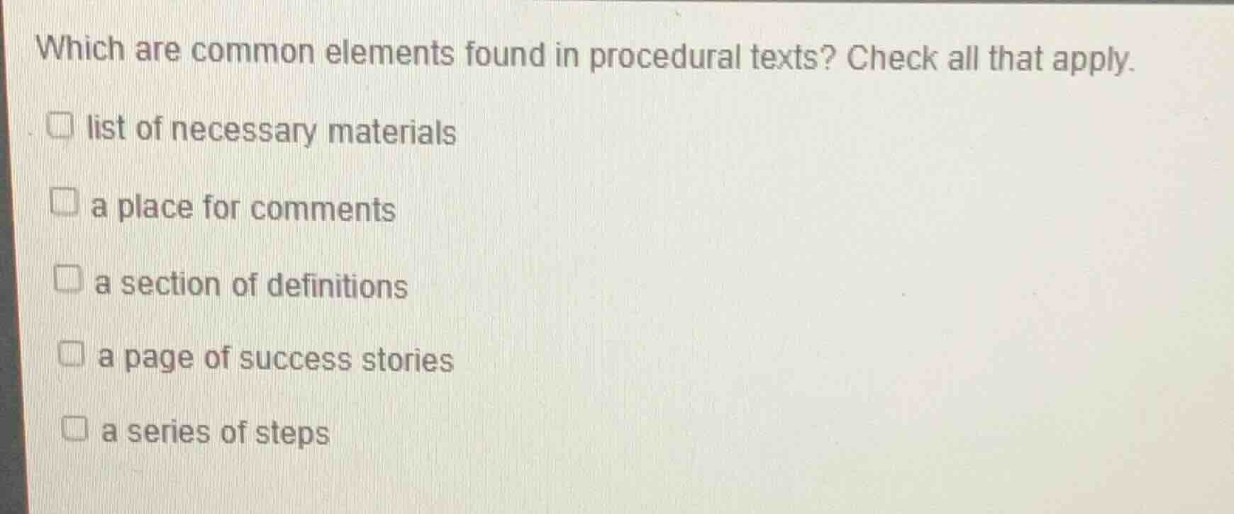which are common elements found in procedural texts? check all that app…