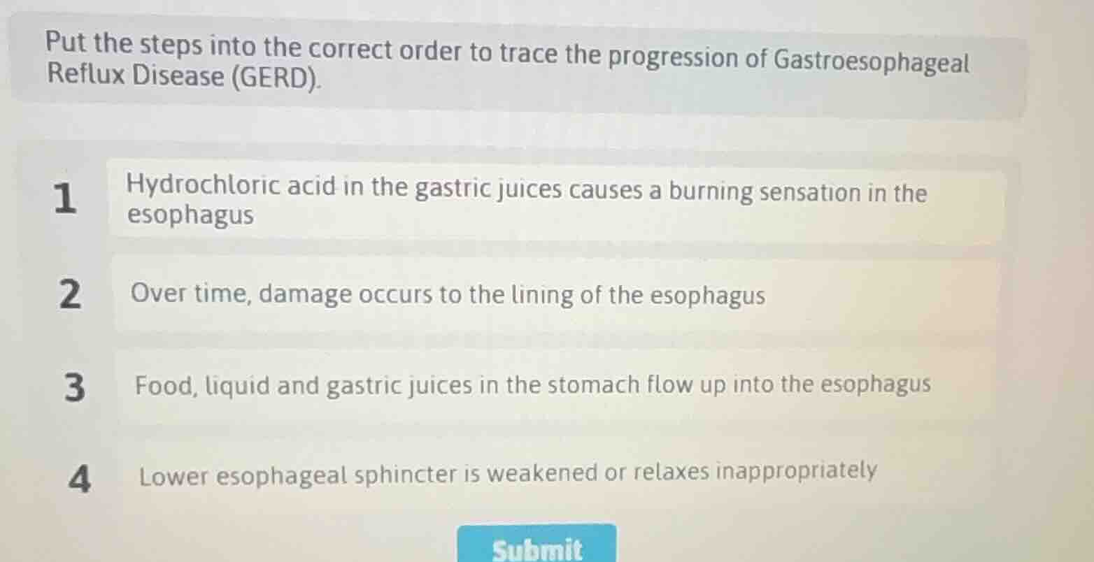 put the steps into the correct order to trace the progression of gastro…