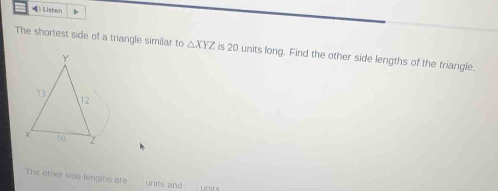 listen the shortest side of a triangle similar to $\triangle xyz$ is 20…
