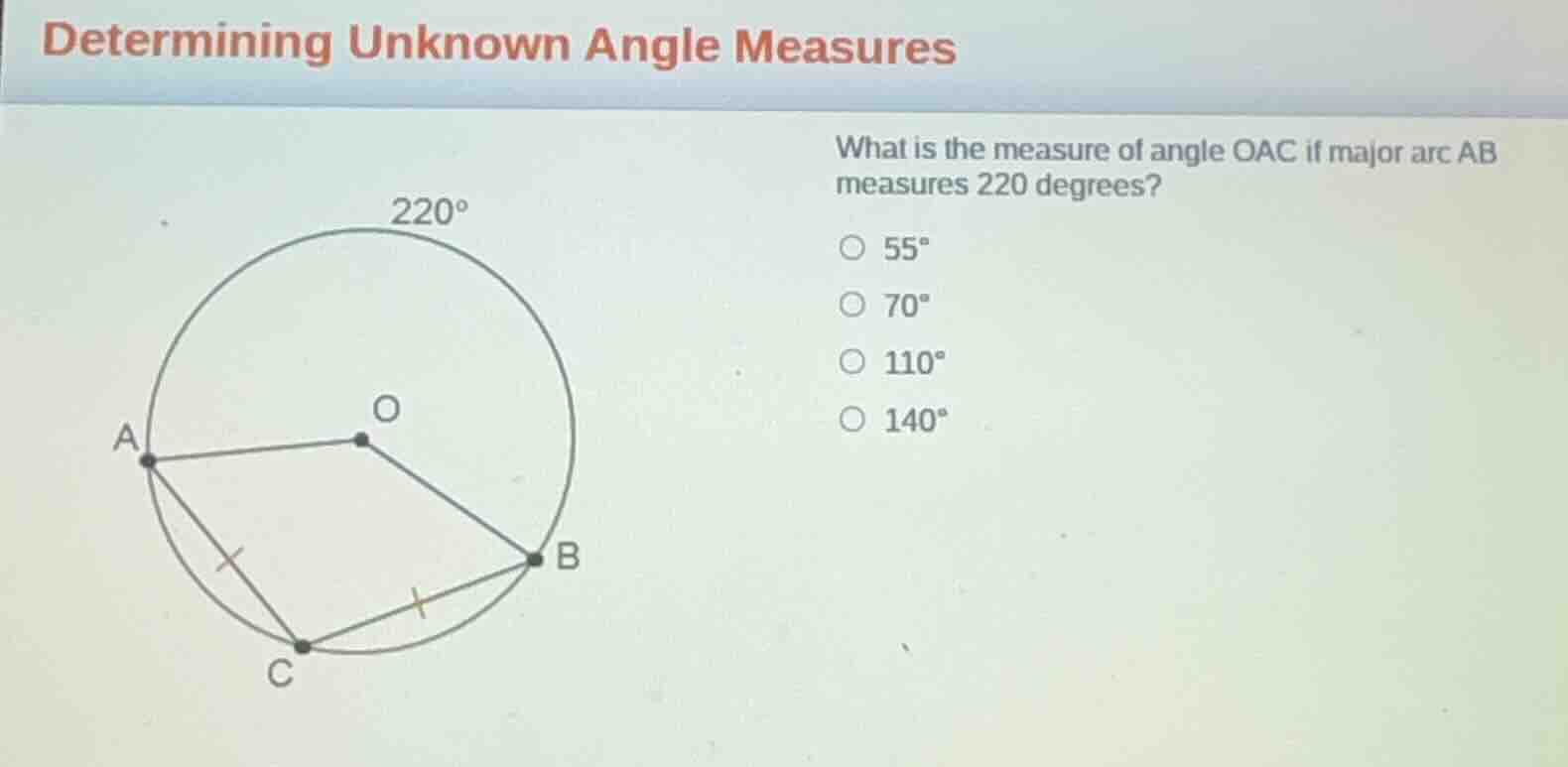 determining unknown angle measures what is the measure of angle oac if …