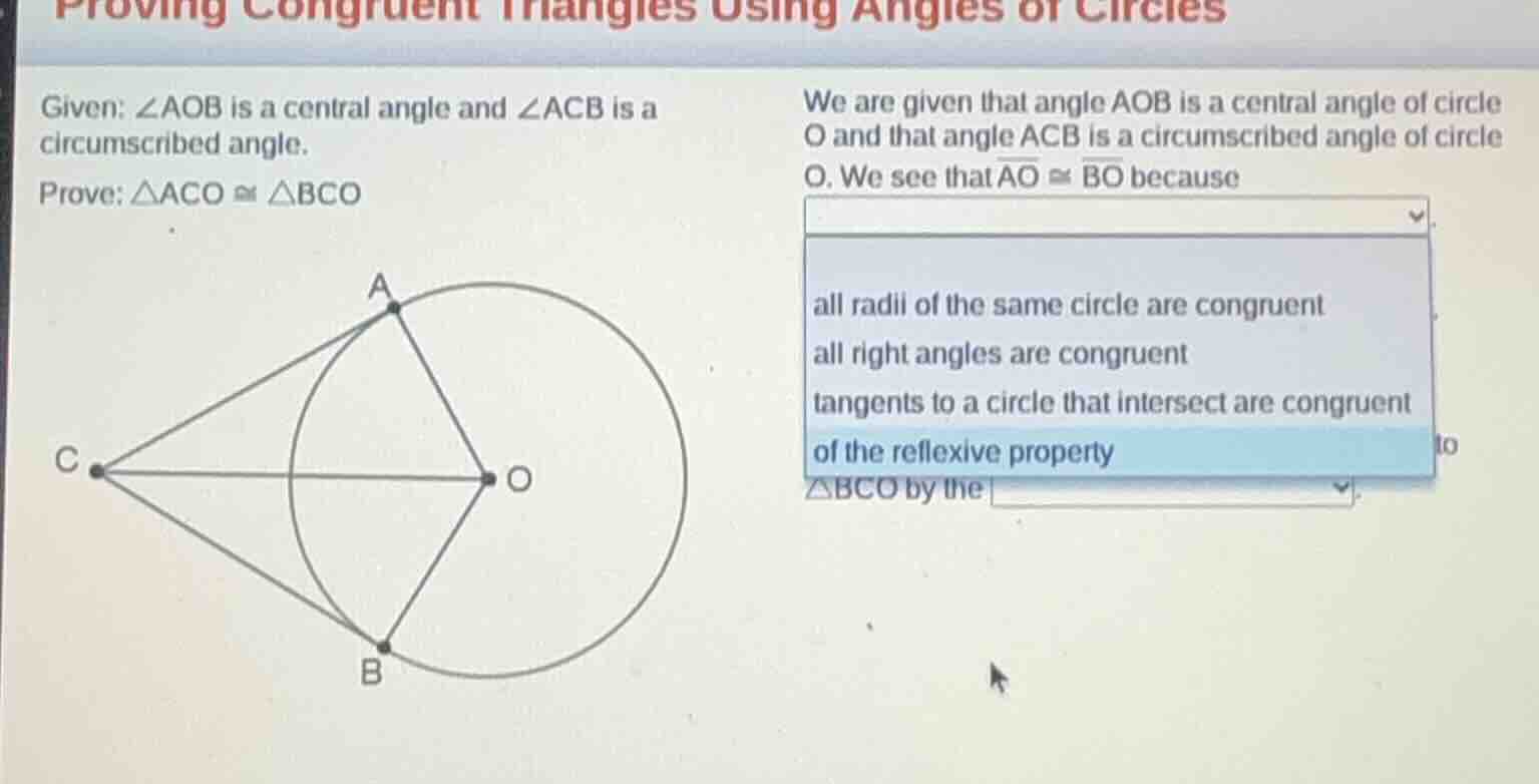 proving congruent triangles using angles of circles given: $angle aob$ …