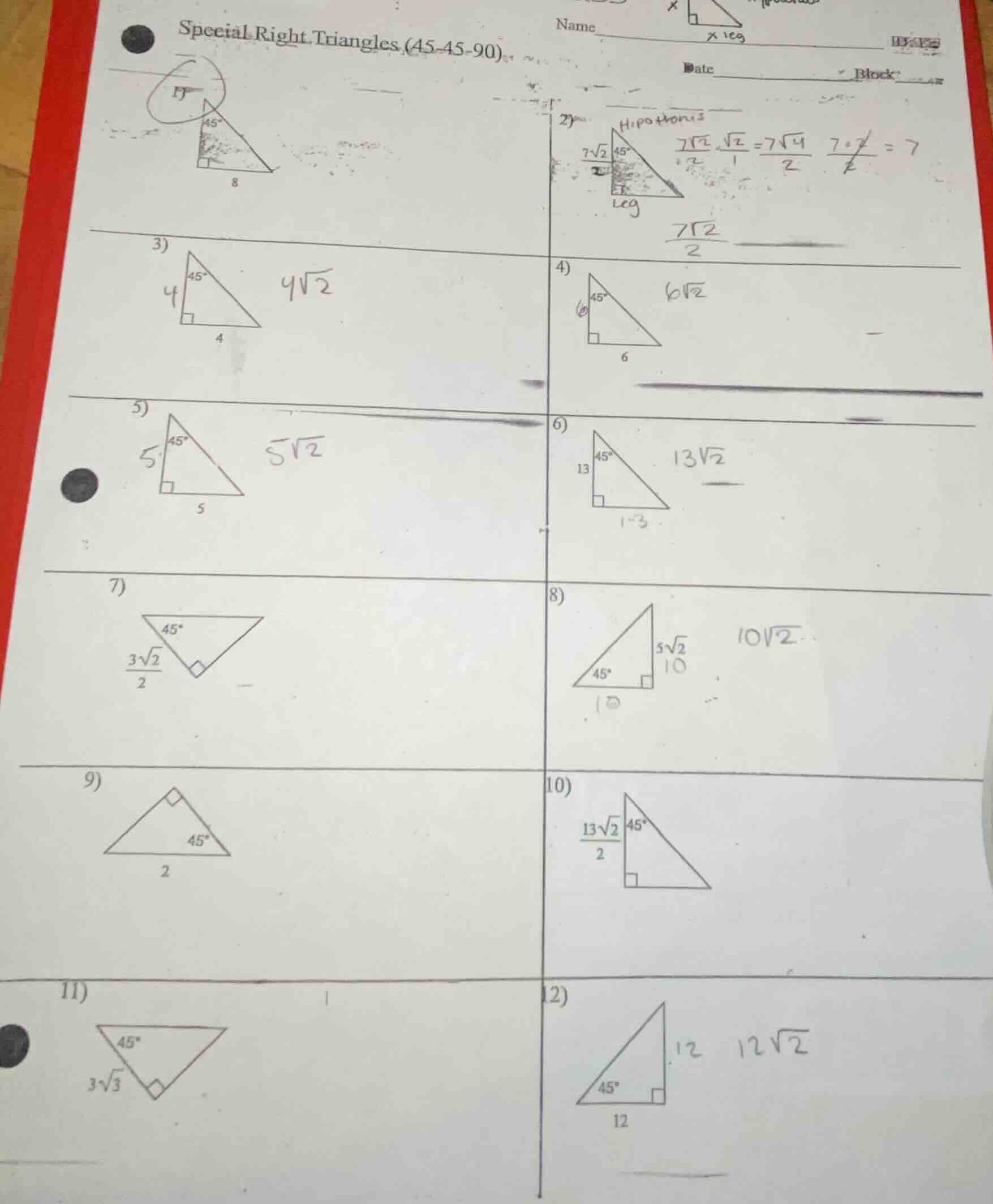 special right triangles (45-45-90)name__________ id____date__________ b…