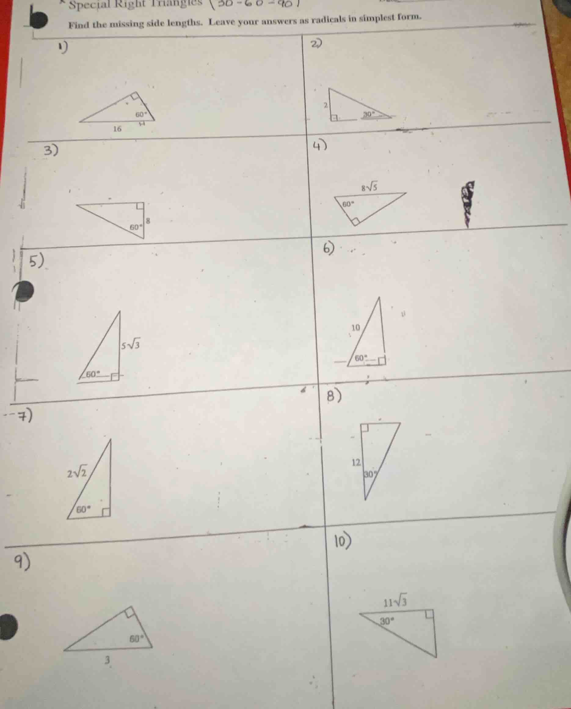 special right triangles (30-60-90)find the missing side lengths. leave …