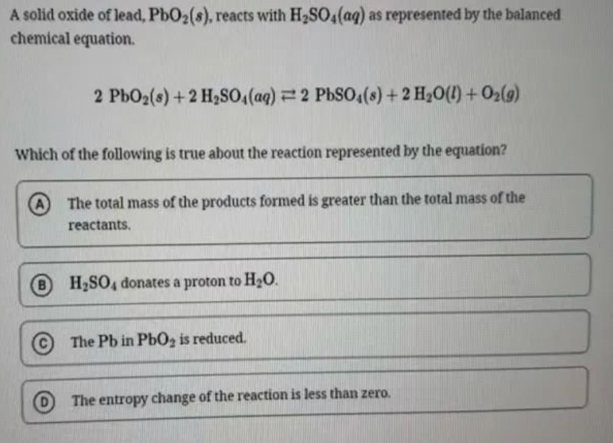a solid oxide of lead, $\text{pbo}_2(s)$, reacts with $\text{h}_2\text{…