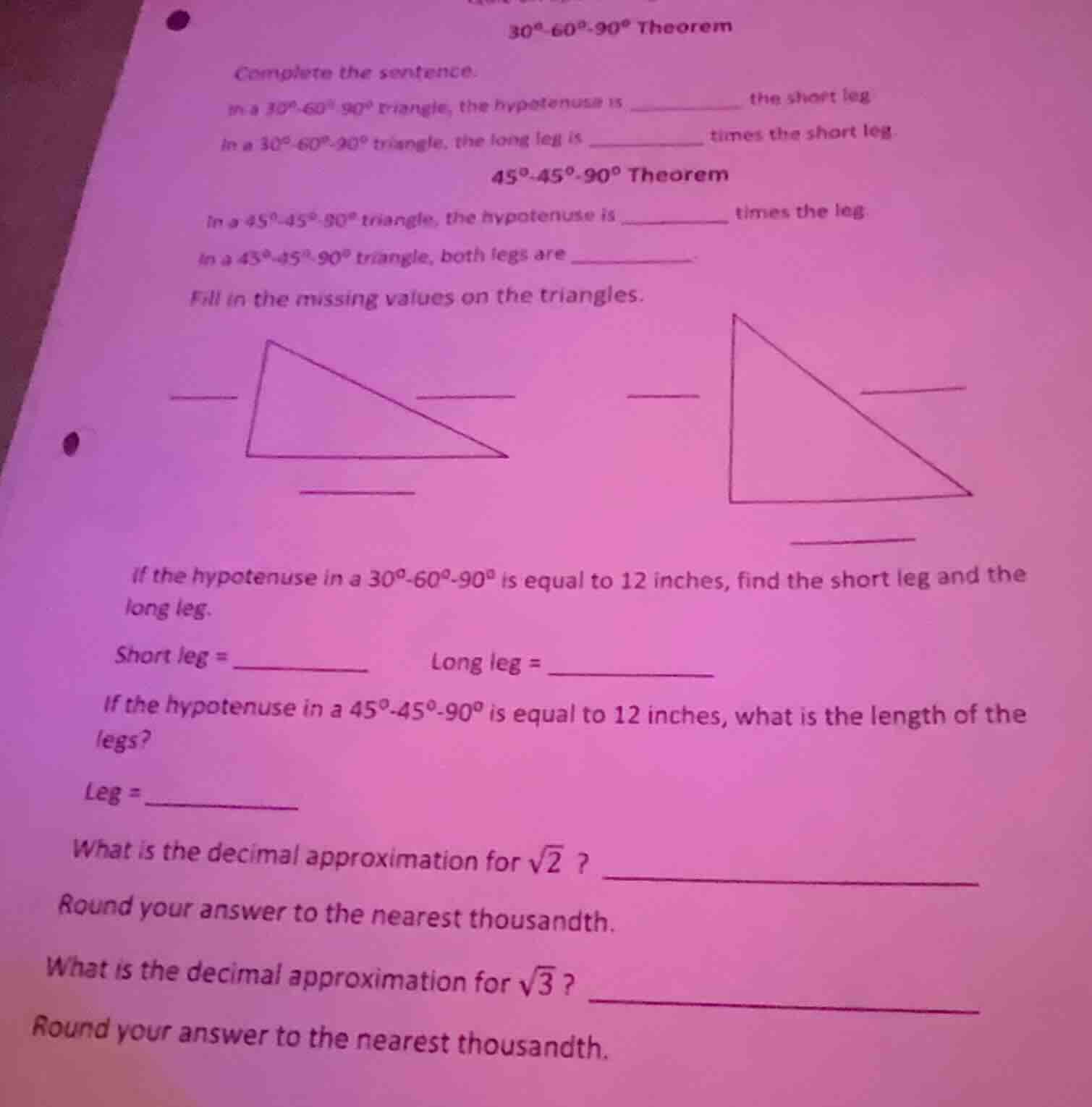 30°-60°-90° theorem complete the sentence: in a 30°-60°-90° triangle, t…