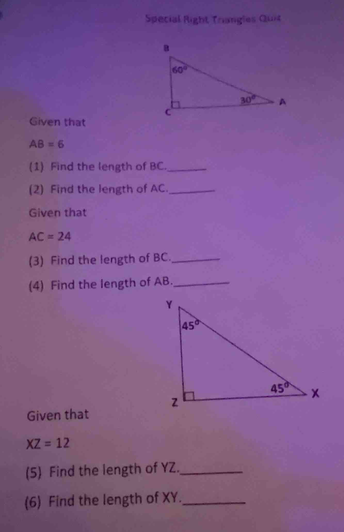 special right triangles quiz given that $ab = 6$ (1) find the length of…
